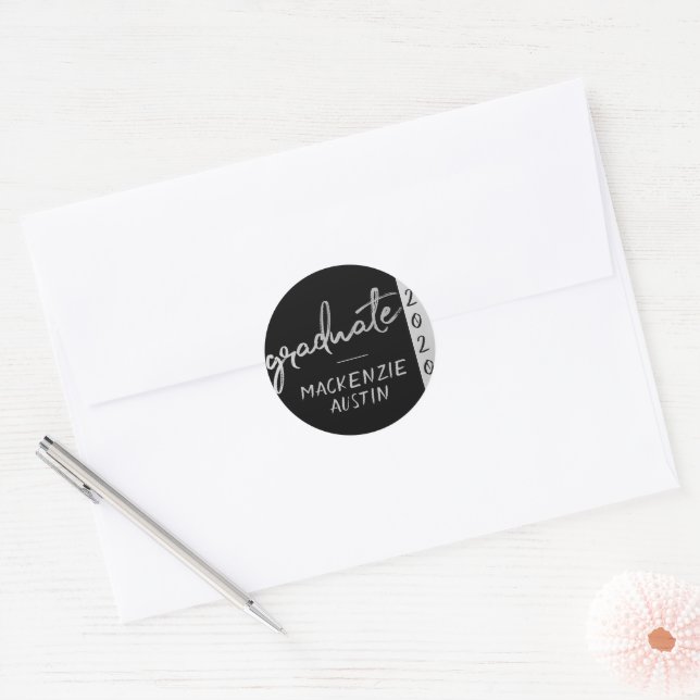 Graduate Silver Script | Trendy Faux Metallic Classic Round Sticker (Envelope)