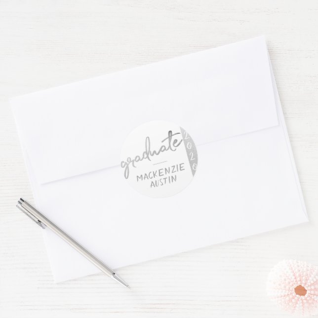 Graduate Silver Script | Trendy Faux Metallic Classic Round Sticker (Envelope)
