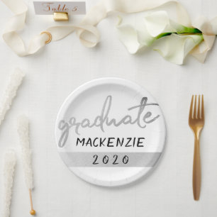Graduate Silver Script Trendy Faux Metallic Paper Plate