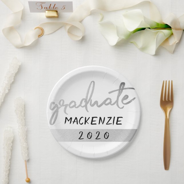 Graduate Silver Script | Trendy Faux Metallic Paper Plate (Wedding)