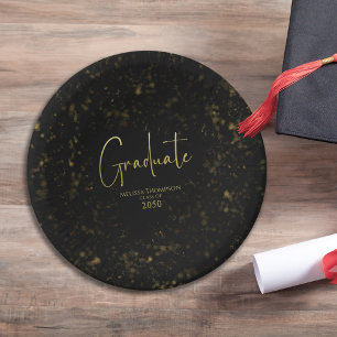 Graduate Simple Grad Black Gold Calligraphy Script Paper Plate