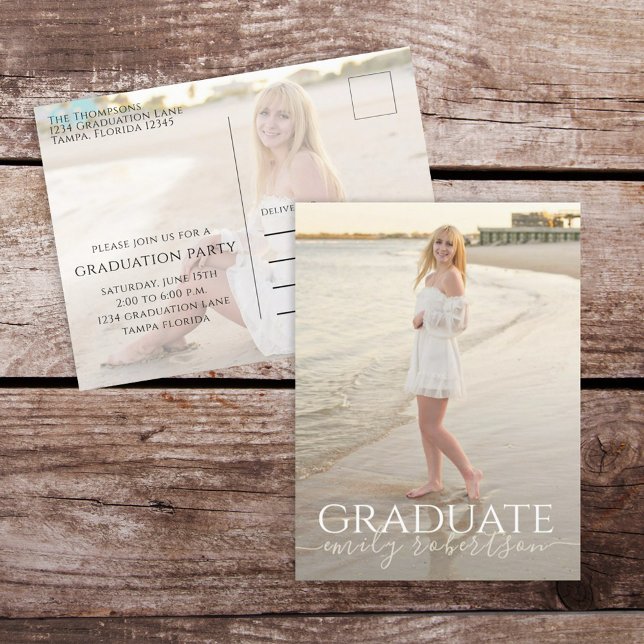 Graduate Simple Modern Photo Template Typography  Postcard (Elegant Graduation photo invitation postcard with a 2-photo template. )