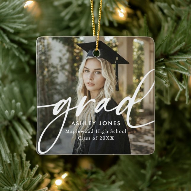 Graduate Simple Modern Script Classic Photo Button Ceramic Ornament (Tree)