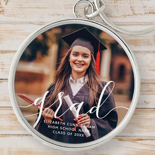 Graduate Simple Modern Script Classic Photo Key Ring (Creator Uploaded)