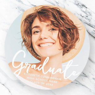 Graduate Simple Modern Script Grad Photo Classic Round Sticker