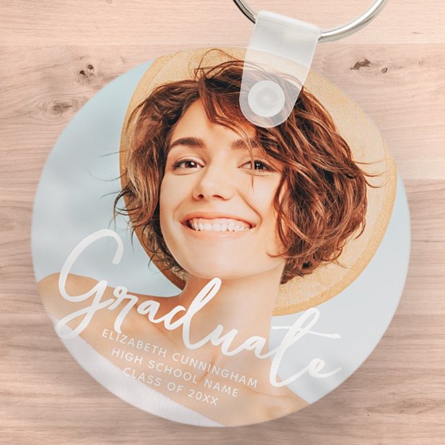Graduate Simple Modern Script Grad Photo Key Ring (Creator Uploaded)