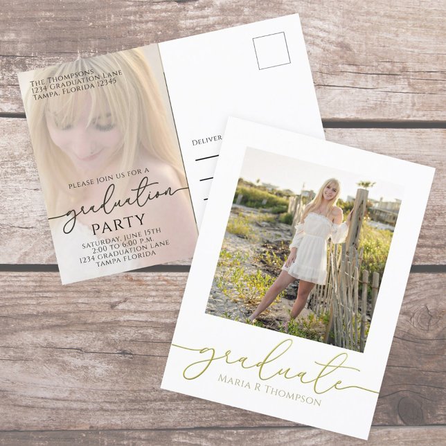 Graduate Simple Photo Template Gold Script Postcard (Elegant Graduation photo invitation postcard with a 2-photo template. )