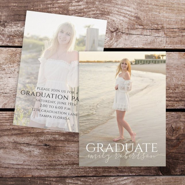 Graduate Simple Photo Template Stylish Minimalist (Graduation photo invitation with gold calligraphy script and a 2-photo template. )