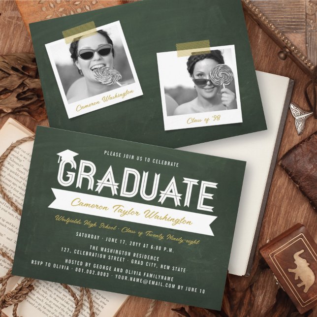 Graduate Simple Ribbon Chalkboard Graduation Party Invitation (Creator Uploaded)
