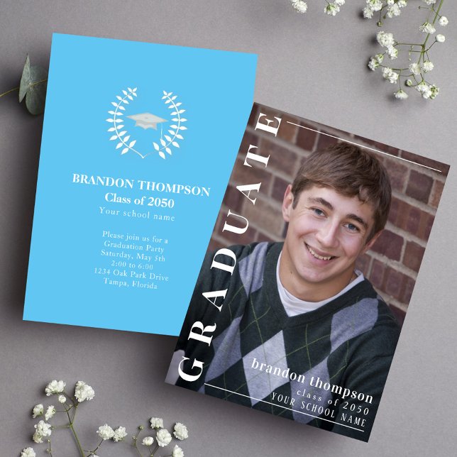 Graduate Simple Stylish Carolina Blue Photo Invitation (Graduation photo invitation announcement With Carolina Blue. )