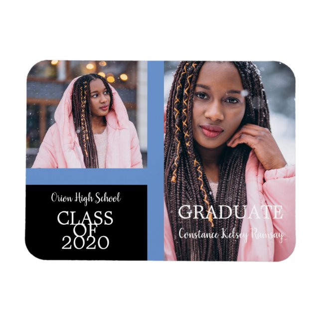 Graduate Simple Two Photos Graduation in Blue Magnet (Horizontal)