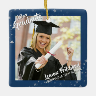 Graduate Stars Editable Blue Two-Photo Ceramic Ornament