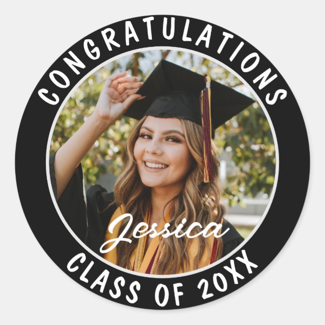 Graduate Student Party Elegant Photo and Name Classic Round Sticker (Front)