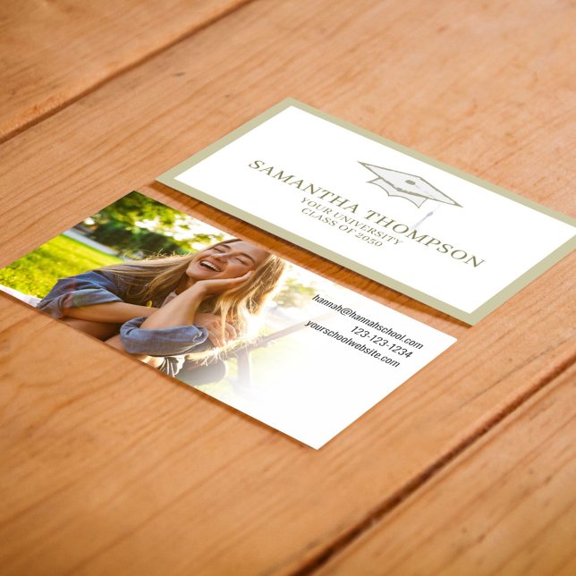 Graduate Student University Graduation Cap Photo Business Card (Graduation cap simple gold photo business card)