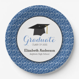 Graduate Swirl Pattern on Blue Graduation Party Paper Plate