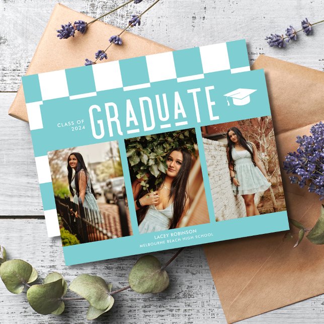 Graduate Teal Chequerboard 3 Photo Graduation (Graduate Teal Checkerboard 3 Photo Graduation Announcement)
