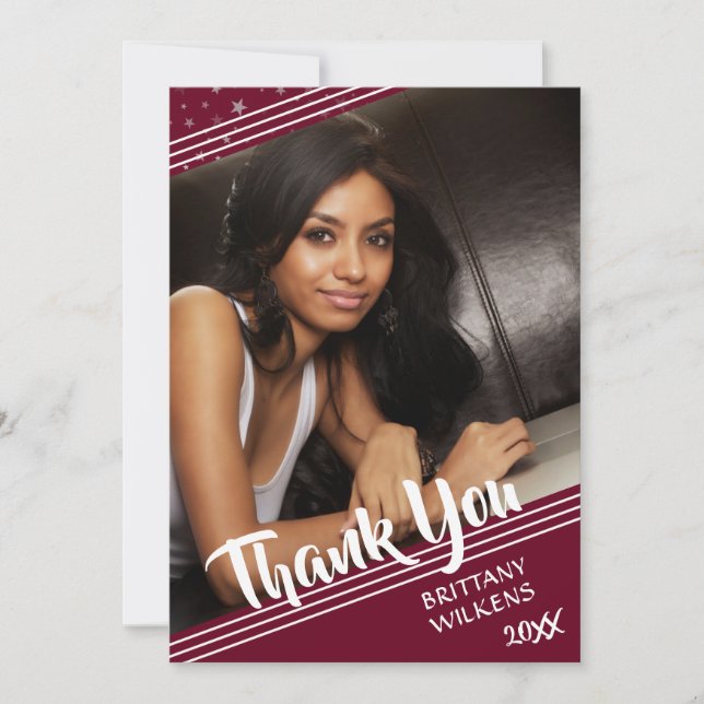 Graduate Thank You, Lines & Stars, Editable Maroon You Card (Front)
