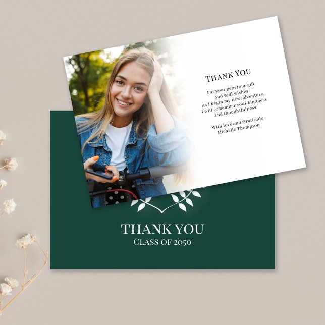 Graduate Thank You Photo Classic Dark Green White (Graduation dark green and white classic laureate photo thank you card.)
