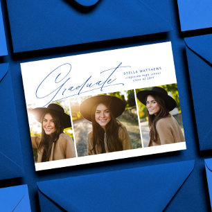 Graduate three photo simple modern blue graduation invitation