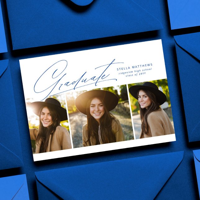 Graduate three photo simple modern blue graduation invitation (Creator Uploaded)