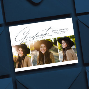 Graduate three photo simple modern navy graduation invitation