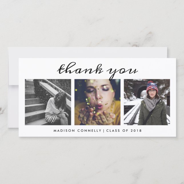 Graduate Three Photos | Modern Thank You Card (Front)