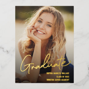 Graduate Trendy Script Overlay Custom Photo Foil Holiday Postcard