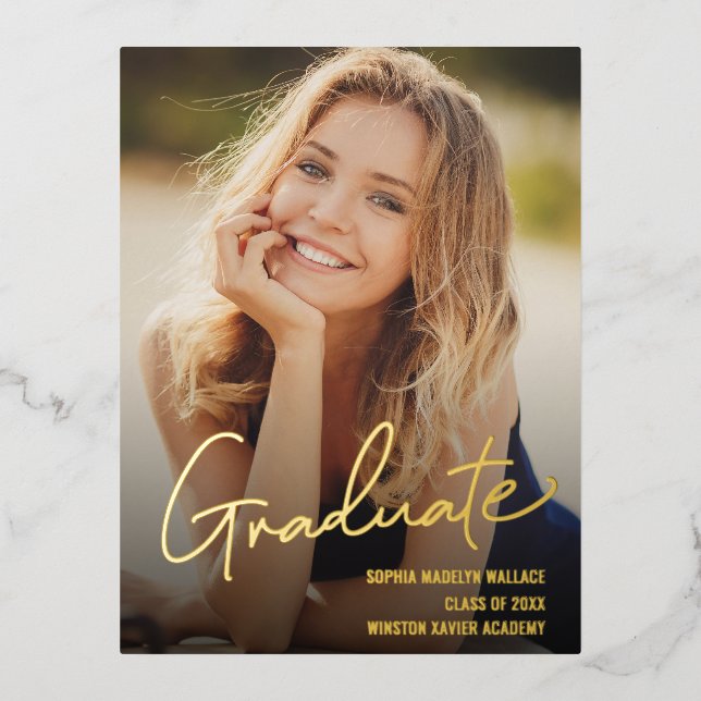 Graduate Trendy Script Overlay Custom Photo Foil Holiday Postcard (Front)