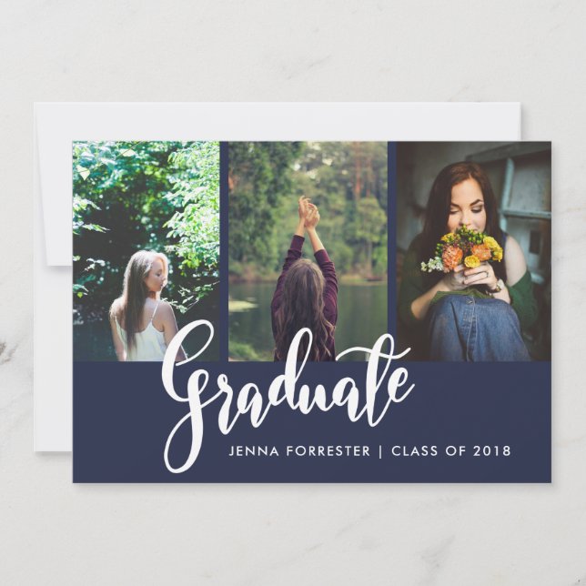 Graduate Typography Three Photos | Navy Blue Invitation (Front)