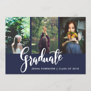 Graduate Typography Three Photos   Navy Blue Invitation