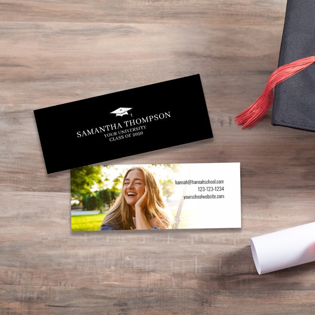 Graduate University Graduation Cap Photo Design Mini Business Card (Graduation cap photo mini card with bold typography for Class of celebrations.)