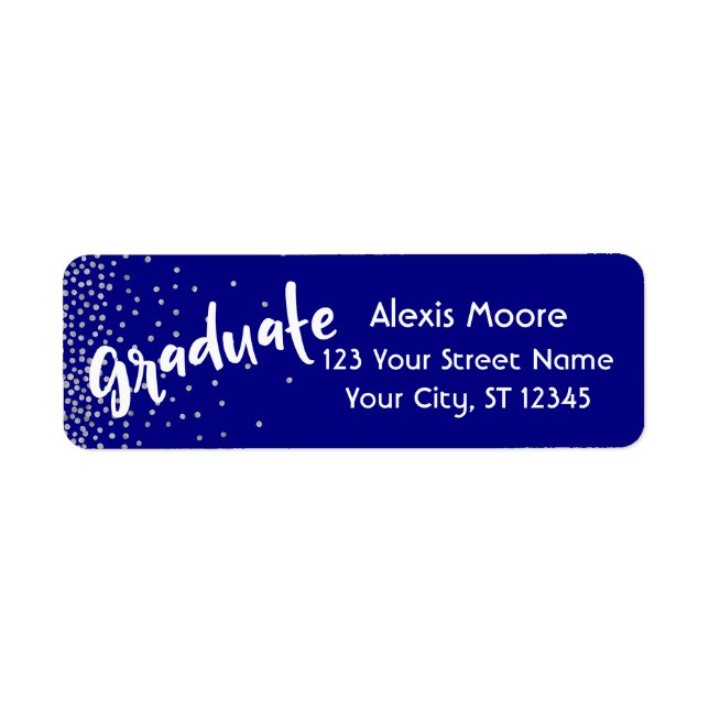 "Graduate" w/ Silver Confetti Over Navy Return Address Label (Front)