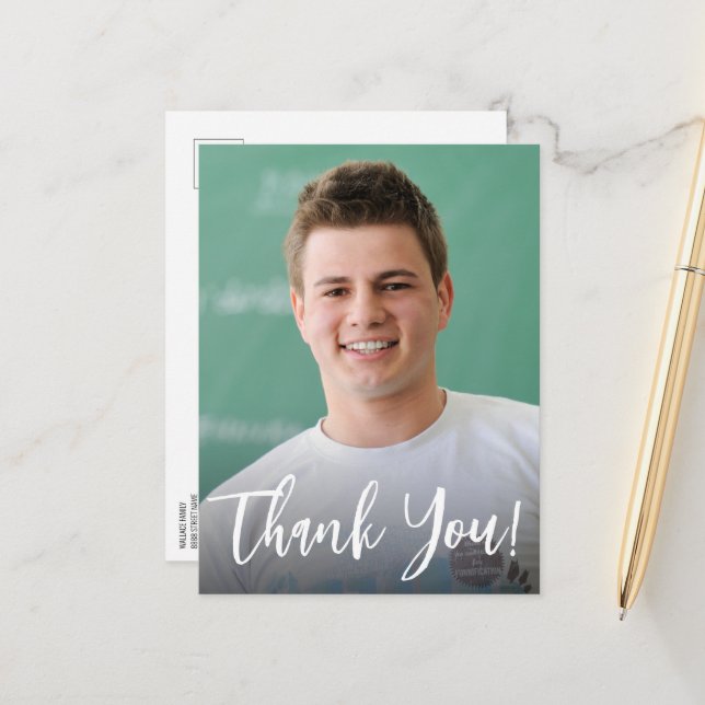Graduate with Photo Custom THANK YOU Announcement Postcard (Front/Back In Situ)