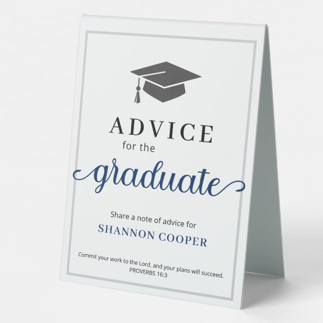 Graduate Words of Advice Black Blue Table Tent (Back)