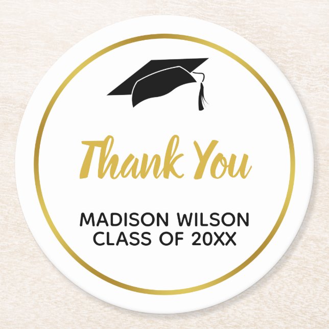 Graduate's Cap Thank You with Graduate Name Round Paper Coaster (Front)