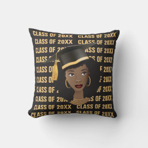 Graduating Class of 20XX, Black Woman, Gold Black Cushion