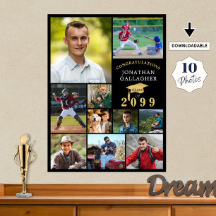 Graduation 10 Photo Collage Congrats Black Gold Poster