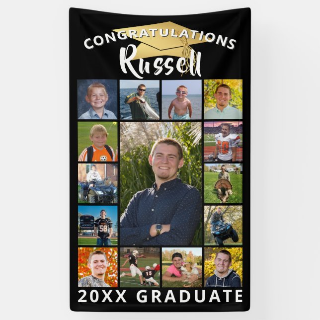 Graduation 15 Photo Collage Black Gold Cap Banner (Vertical)