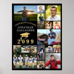 Graduation 15 Photo Collage Congrats Black Gold Poster