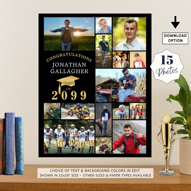 Graduation 15 Photo Collage Congrats Black Gold Poster (Creator Uploaded)
