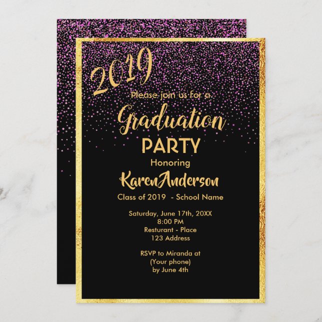 Graduation 2019 party chic black confetti gold invitation (Front/Back)