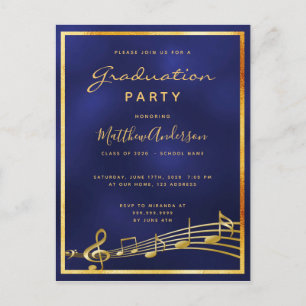 Graduation 2020 party blue music gold invitation postcard