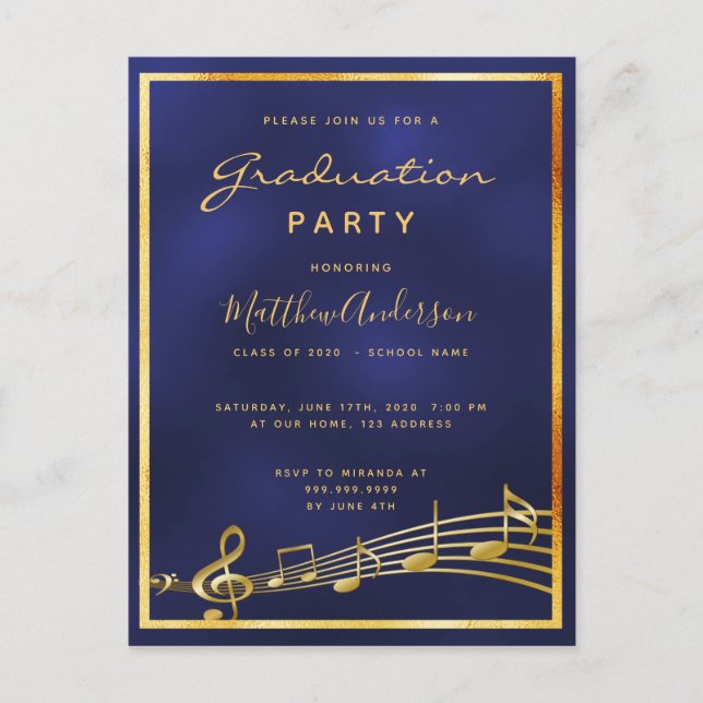 Graduation 2020 party blue music gold invitation postcard (Front)