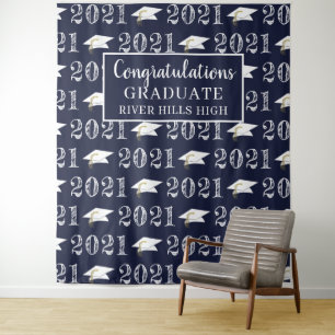 Graduation 2021 Navy Blue School Photo Op Backdrop Tapestry