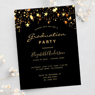Graduation 2021 party black gold stars glam postcard