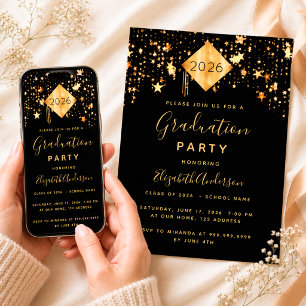 Graduation 2023 party topper black gold stars invitation