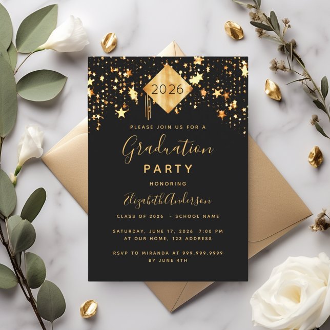 Graduation 2023 party topper black gold stars invitation (Creator Uploaded)