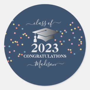 Graduation 2023 Royal Blue Confetti Silver initial Classic Round Sticker
