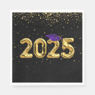 Graduation 2024 Gold Balloons and Purple Cap Napkin