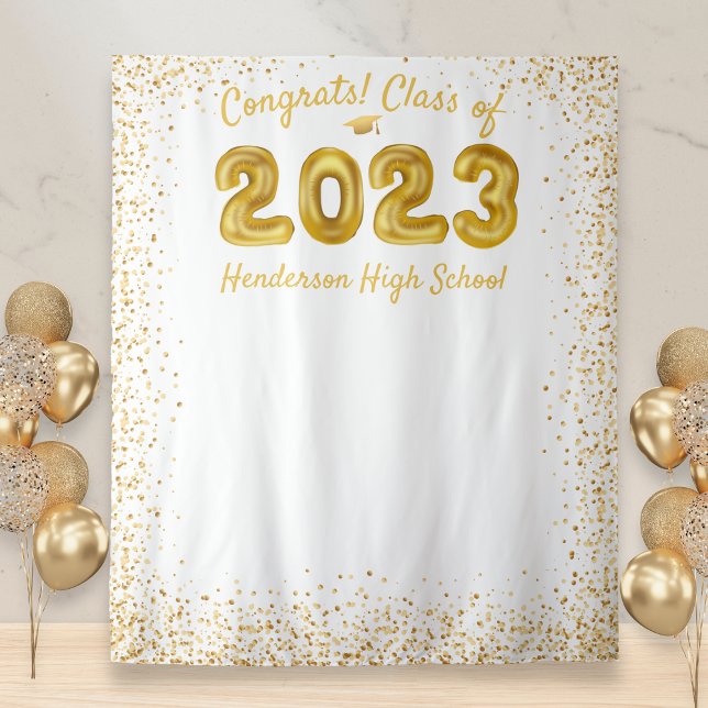 Graduation 2024 Gold Balloons White Photo Backdrop Tapestry (Creator Uploaded)